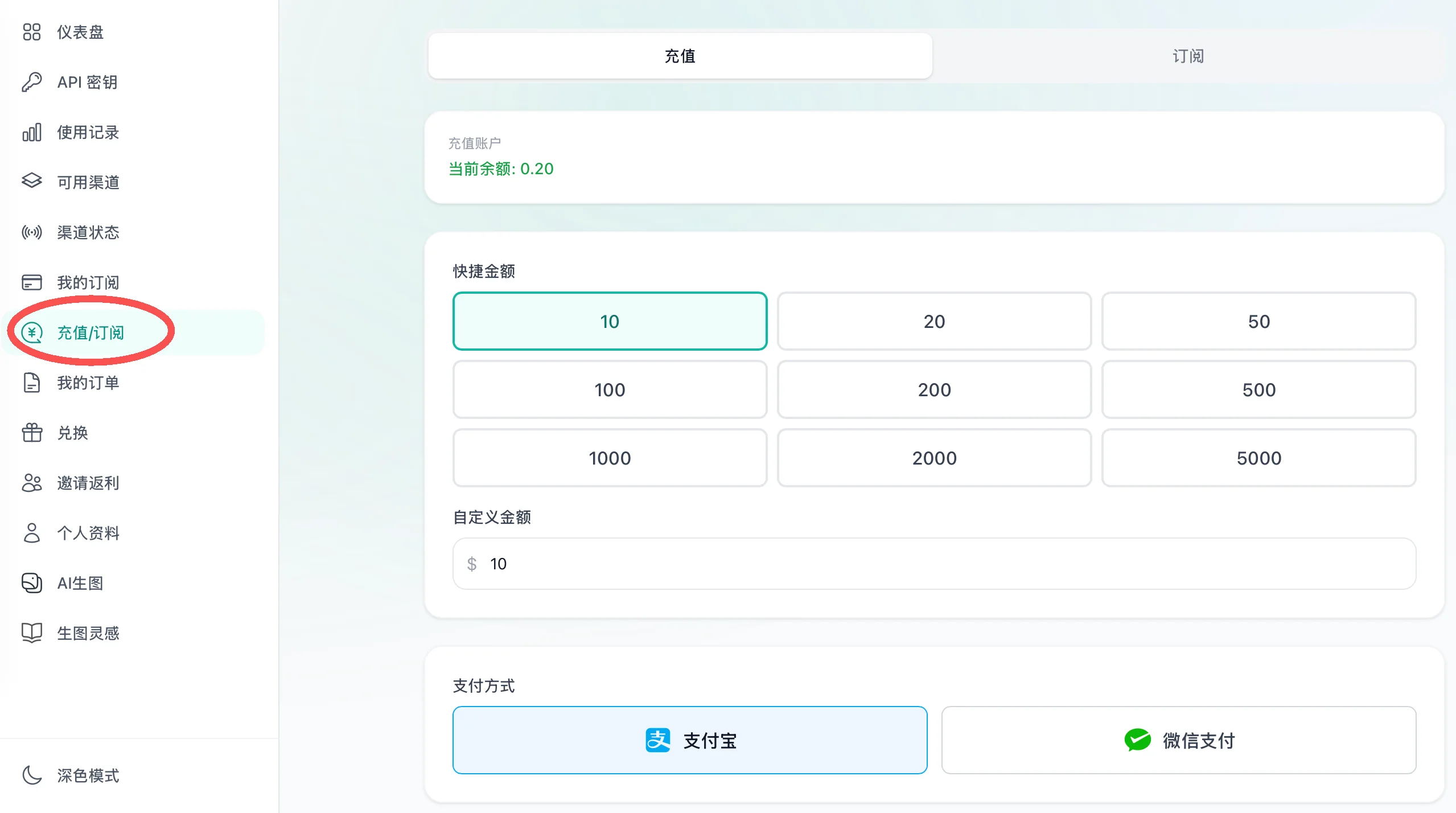 在充值订阅页面选择充值金额和支付方式